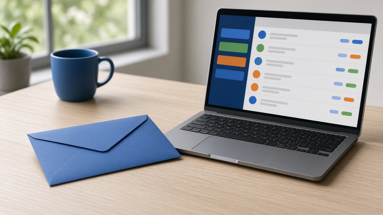 a blank envelope beside a laptop