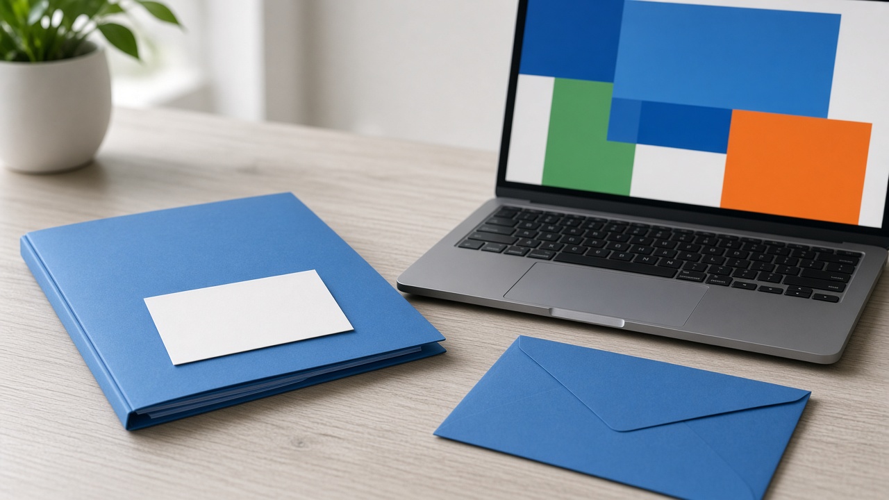 one folder a laptop and an envelope on a desk