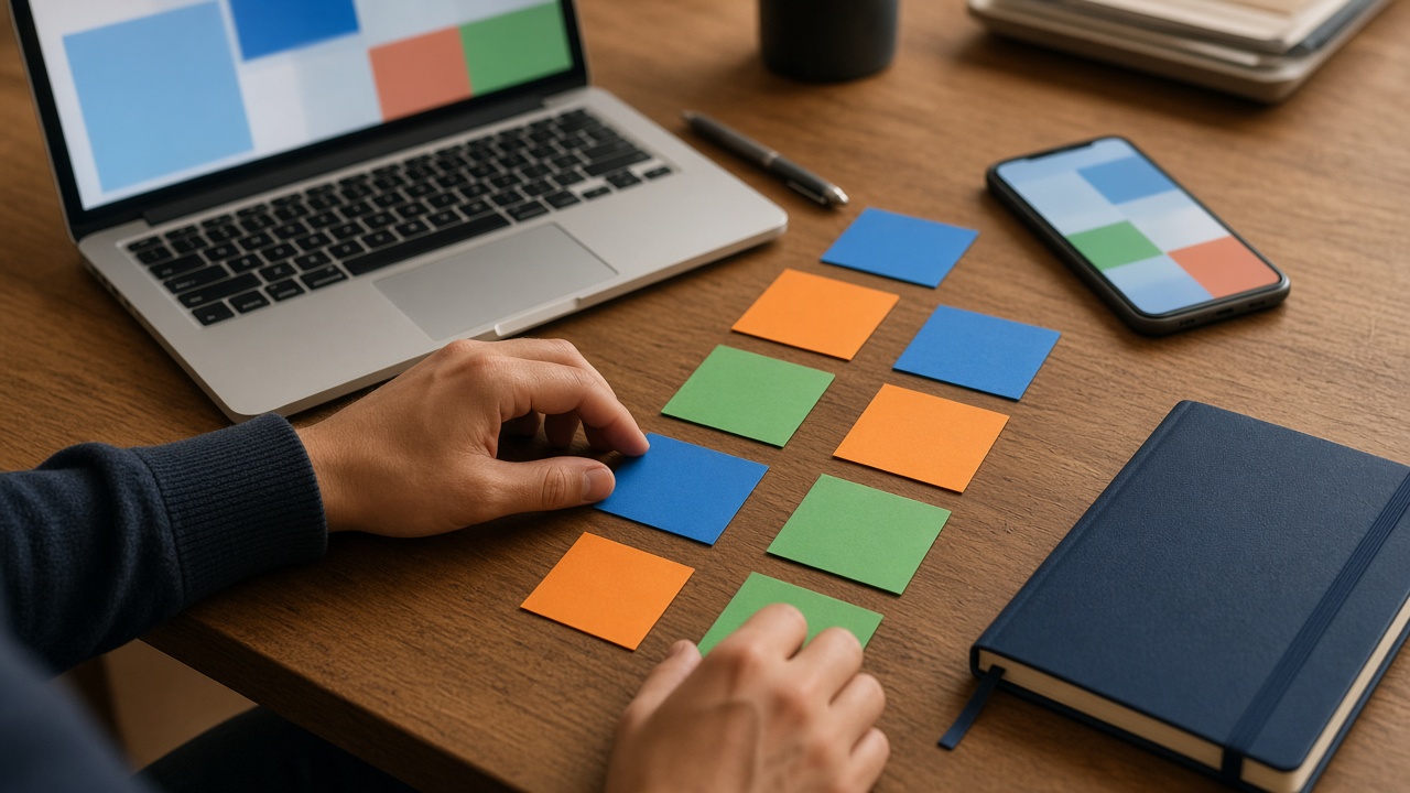 hands arranging blue orange and green cards beside a laptop