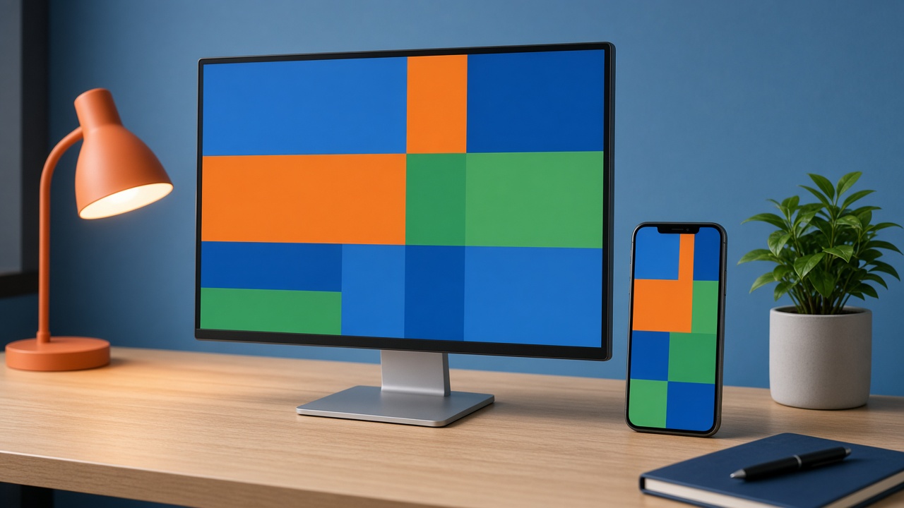 a monitor and a phone showing the same coloured layout